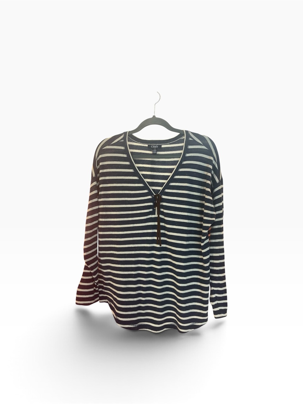 Chaps Women's Navy and Cream Striped V-Neck Pullover